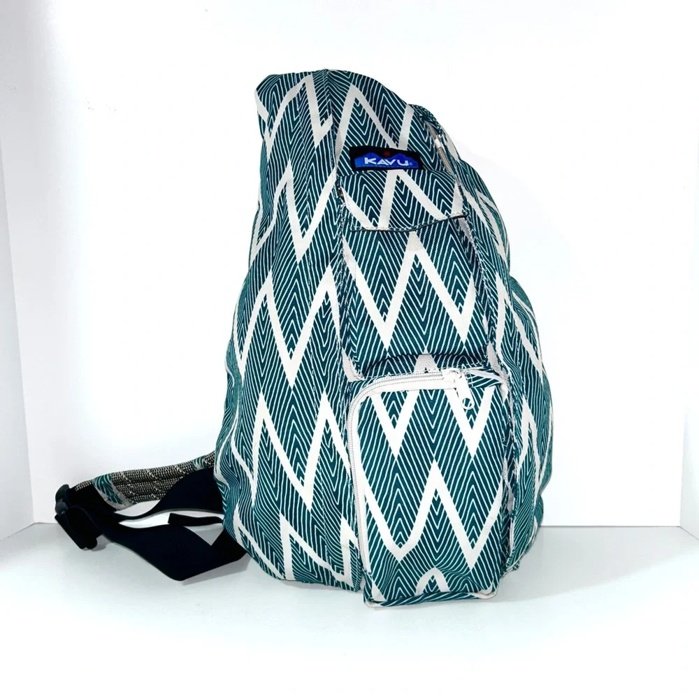 Kavu Original Rope Sling Bag Backpack Crossbody Chevron‎ Teal White Lightweight